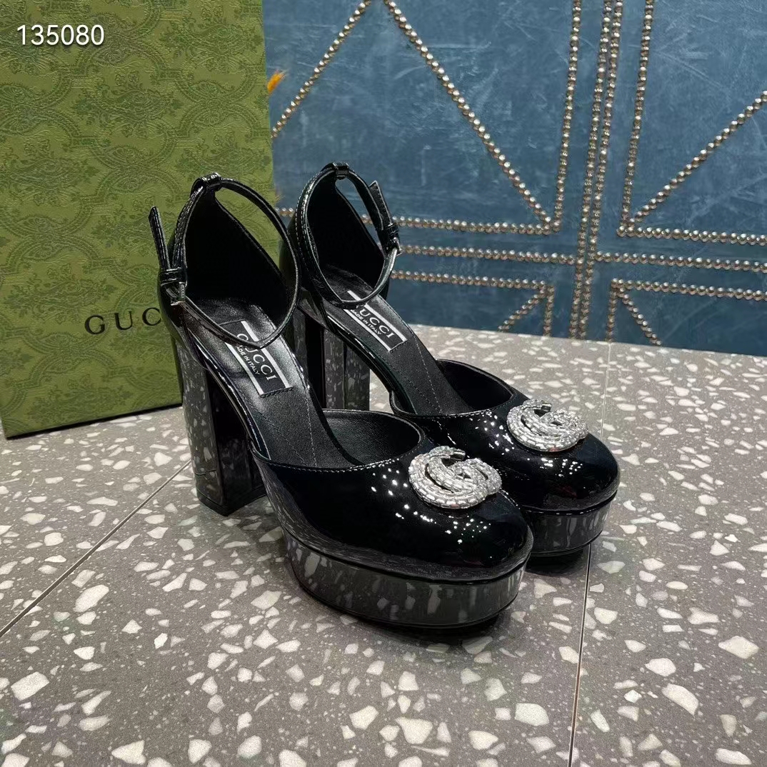 Gucci Women GG Platform Pump Double G Black Patent Leather Crystals High Heel