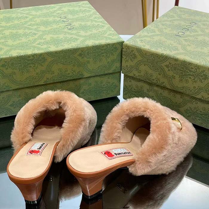 Gucci GG Women’s Mid-Heel Slide Sandal Brown Fabric Horsebit 5.6 Cm Heel