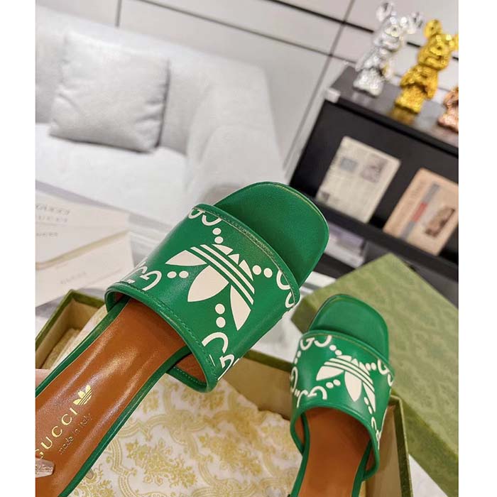 Gucci Women Adidas x Gucci Slide Sandal GG Trefoil Suede Green Leather