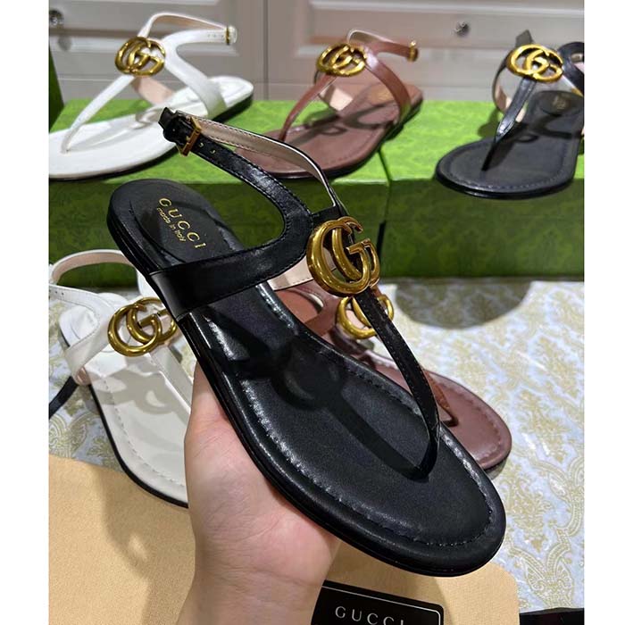 Gucci Women GG Double G Thong Sandal Black Leather Flat 0.5 CM Heel