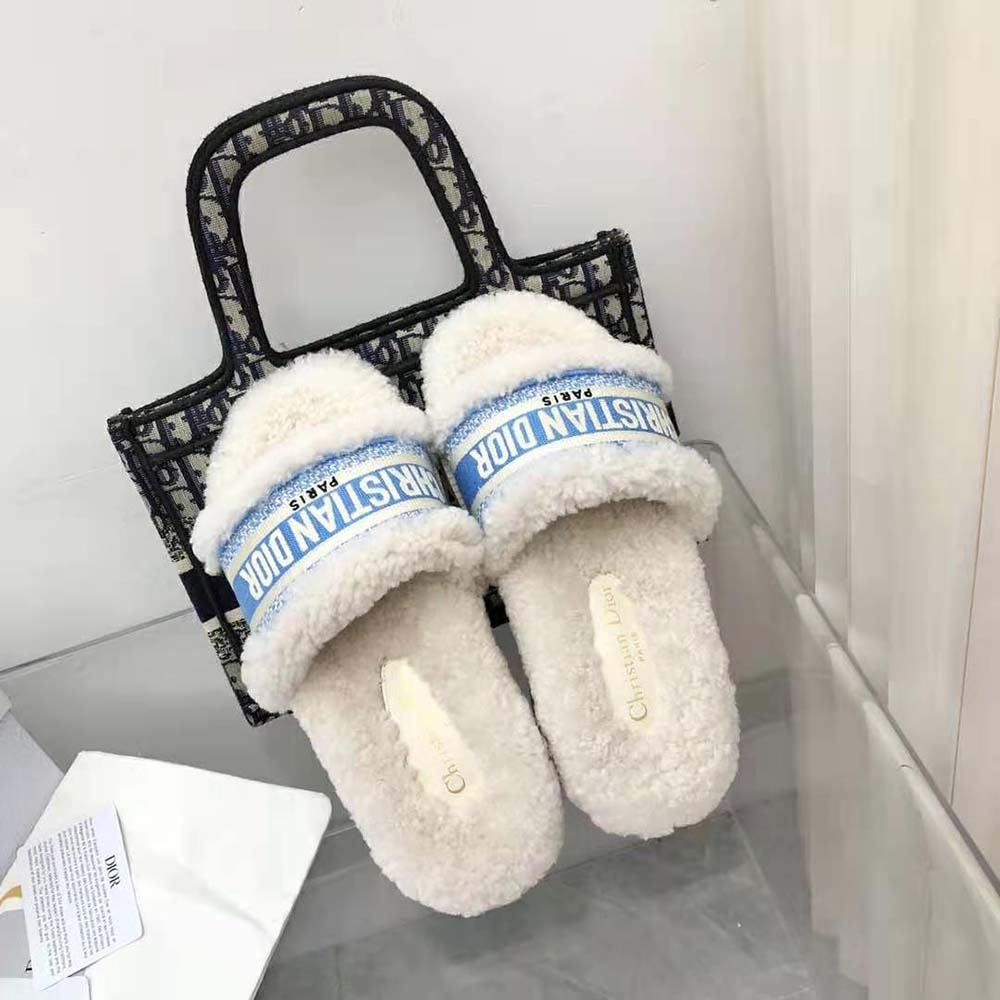 Dior Women Dway Slide Cornflower Blue Embroidered Cotton and White Shearling