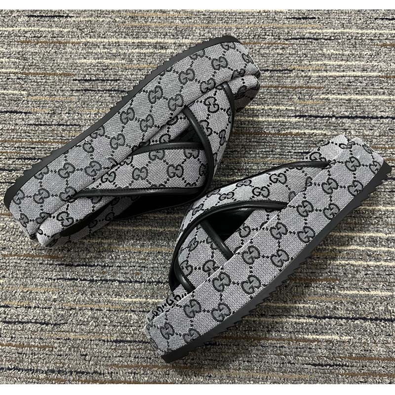 Gucci Women Platform Slide Sandal Beige Blue Original GG Canvas Rubber Sole Low Heel