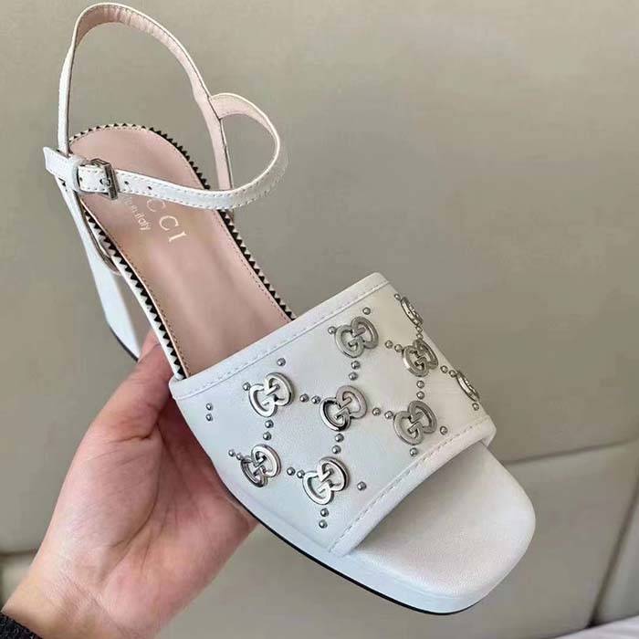 Gucci Women GG Interlocking G Studs Sandal White Leather Mid 8 Cm Heel