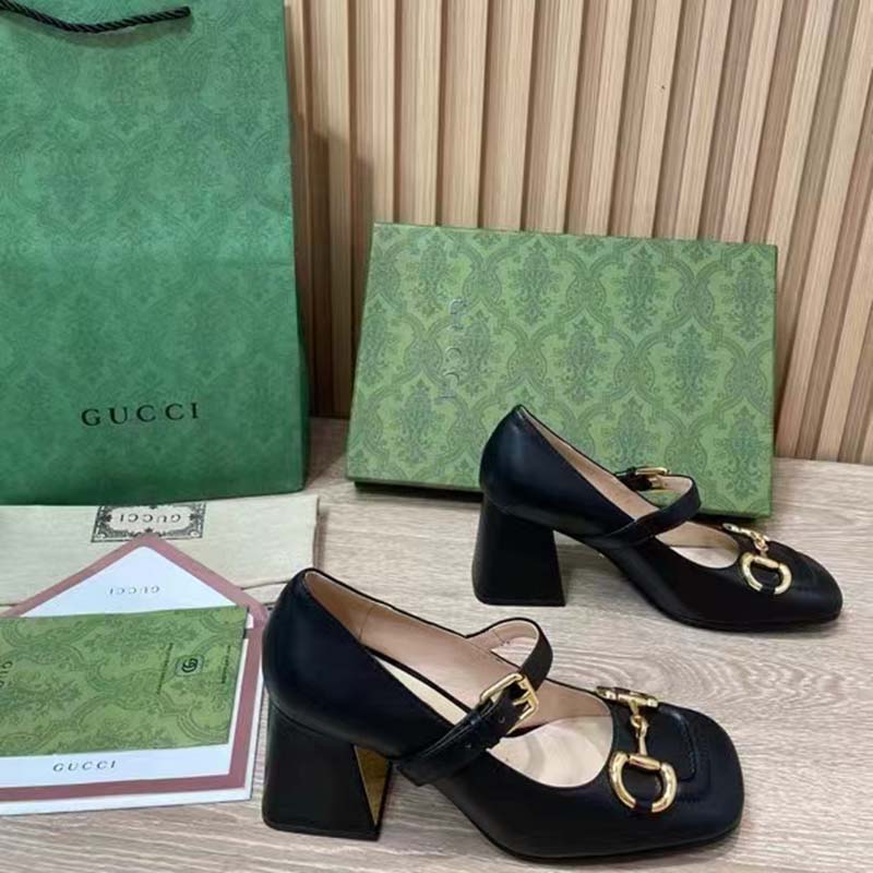 Gucci GG Women’s Mid-Heel Pump With Horsebit Black Leather