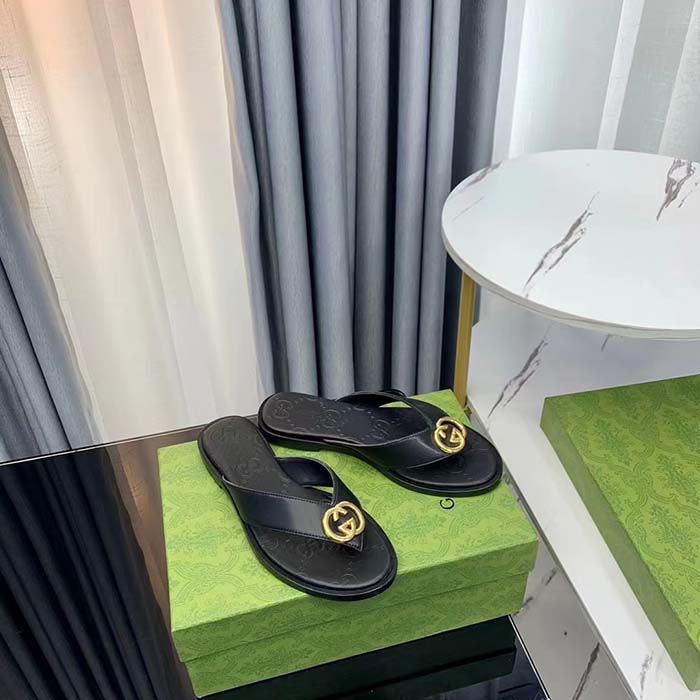 Gucci Unisex GG Interlocking G Thong Sandal Black Leather Flat