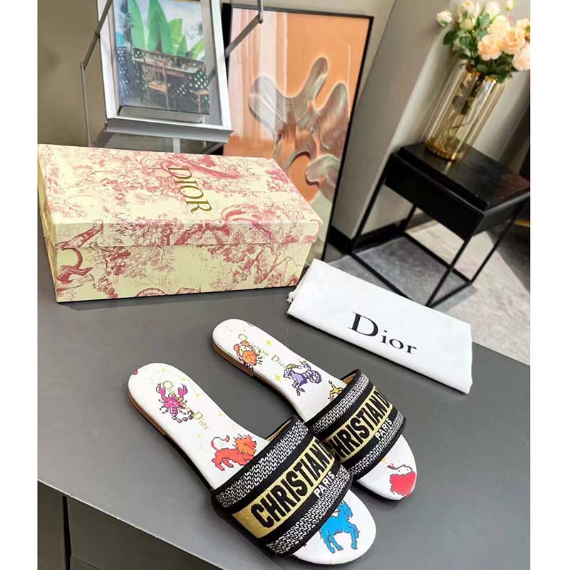 Dior Women CD Shoes Dway Slide White Multicolor Embroidered Cotton Pixel Zodiac Motif