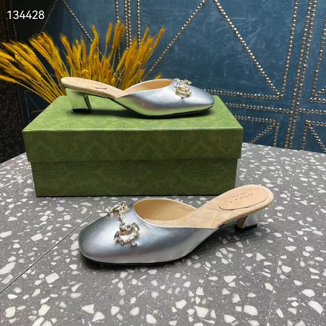 Gucci Women GG Horsebit Mule Silver Metallic Leather Crystals Leather Sole Low-Heel