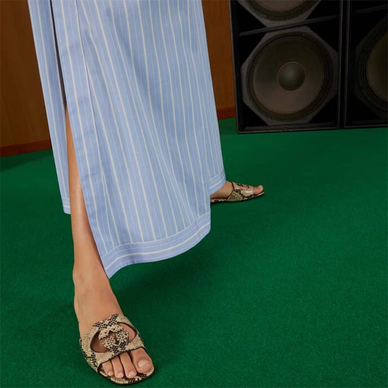 Gucci Women Interlocking G Cut Out Slide Sandal Beige Black Python Print Leather Flat