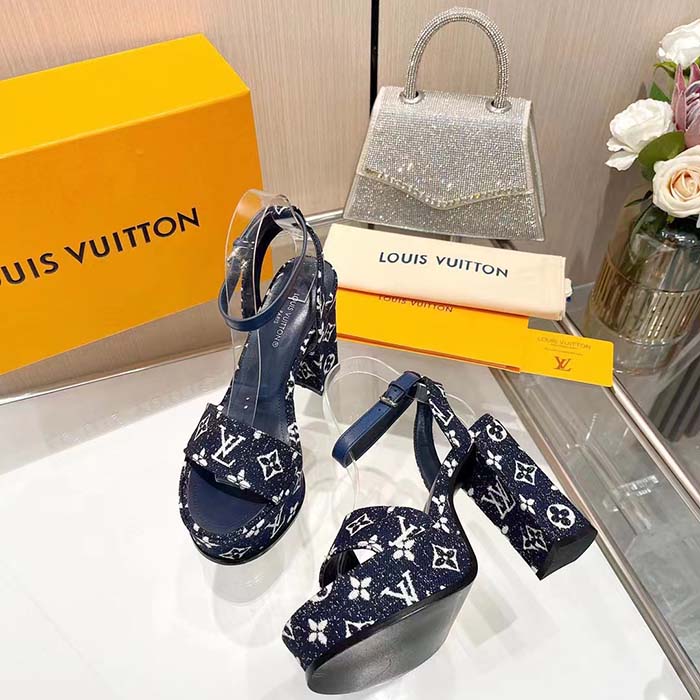Louis Vuitton Women LV Fame Platform Sandal Navy Monogram Denim Leather 11.5 CM Heel