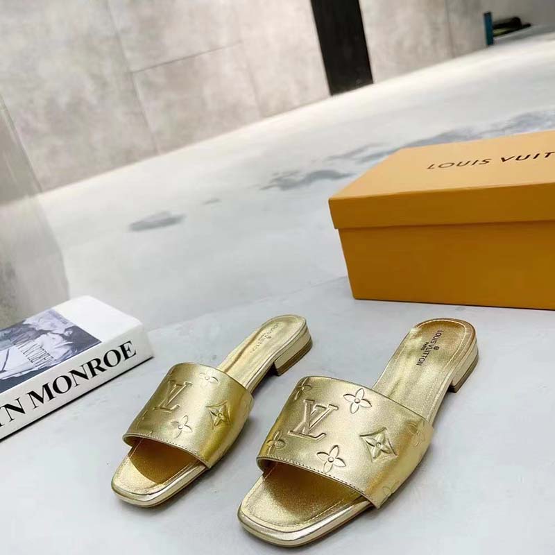 Louis Vuitton LV Women Revival Flat Mule Gold Monogram Embossed Metallic Lambskin