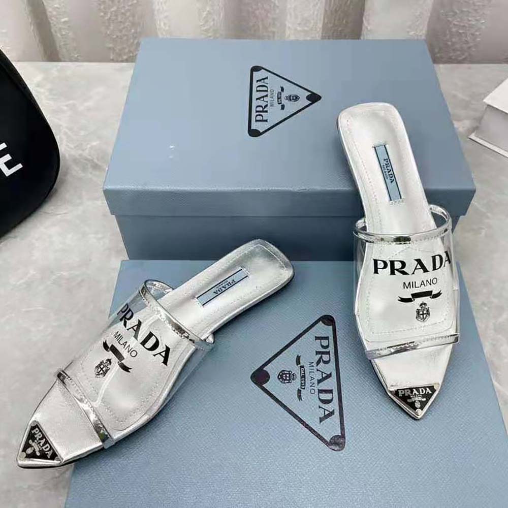 Prada Women Logo-Print Plexiglas Slides-Silver