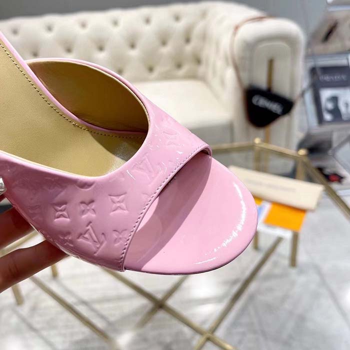 Louis Vuitton LV Women Super Mule Fuchsia Monogram-Debossed Patent Calf Leather 10 CM Heel