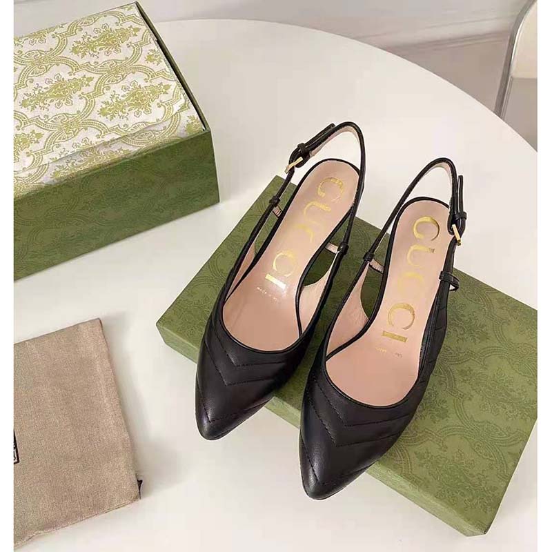Gucci GG Women Matelassé Sling Back Black Matelassé Chevron Leather 7 cm Heel