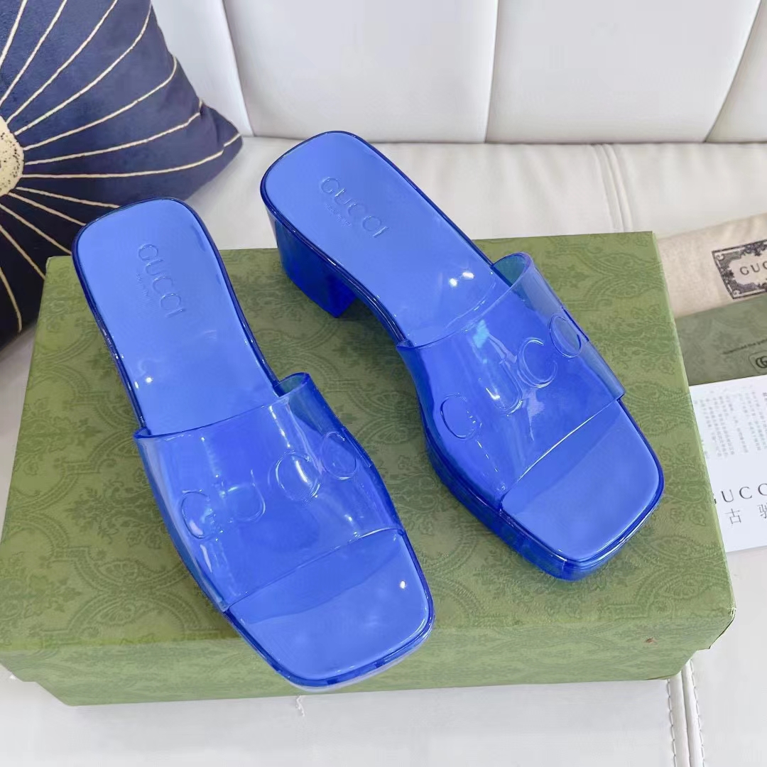Gucci Women GG Slide Sandal Logo Blue Transparent Rubber 6 Cm Heel