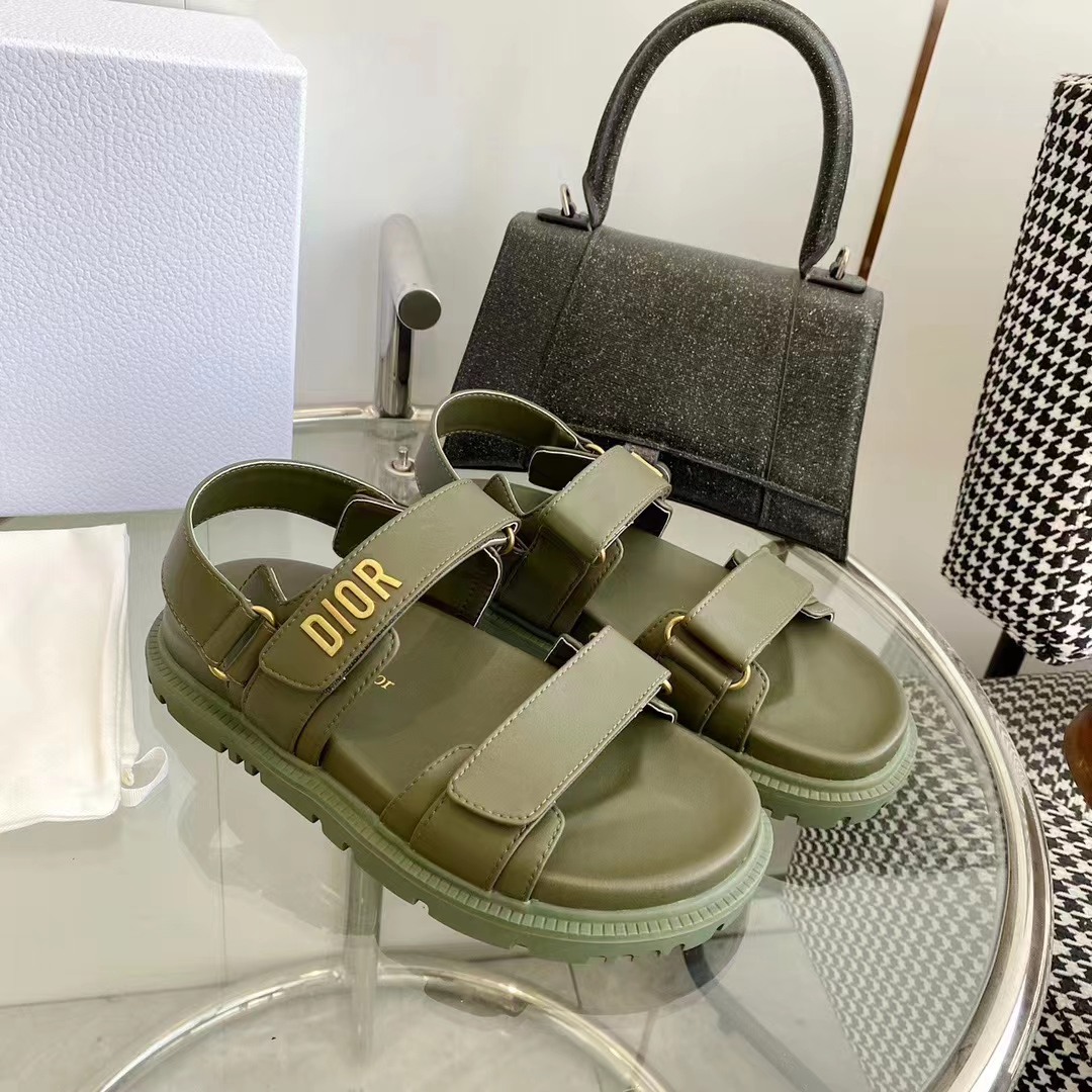 Dior Unisex Shoes DiorAct Sandal Khaki Lambskin Gold-Finish Metal DIOR Signature