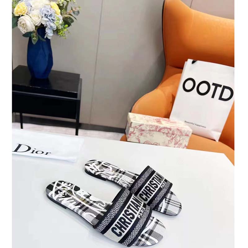 Dior Women Shoes CD Dway Slide Black White Check’n’Dior Embroidered Cotton