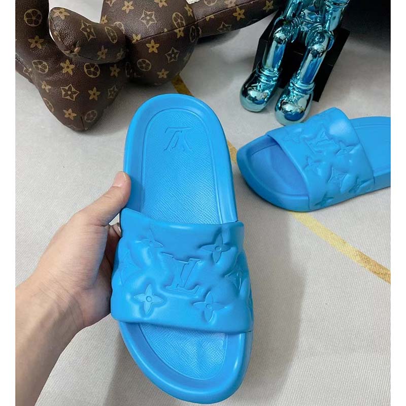 Louis Vuitton LV Unisex Waterfront Mule Blue Monogram Embossed Rubber Waterproof