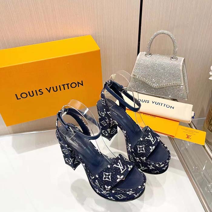 Louis Vuitton Women LV Fame Platform Sandal Navy Monogram Denim Leather 11.5 CM Heel