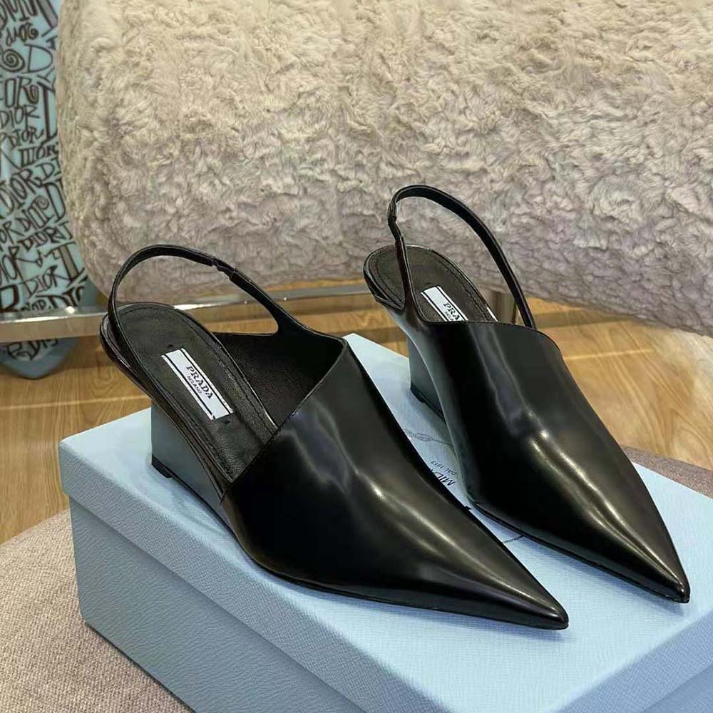Prada Women Brushed Leather Slingback Pumps in 65mm Heel Height-Black