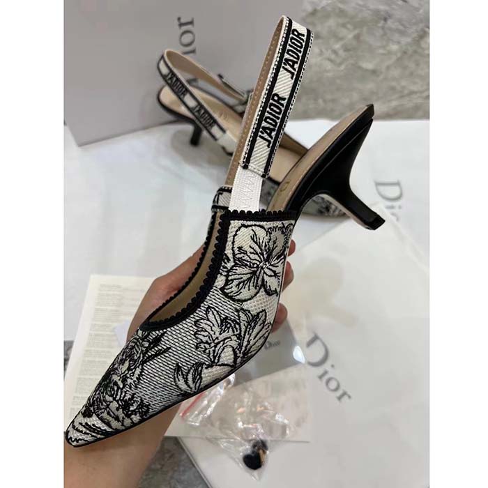 Dior CD Women J’Adior Slingback Pump White Black Embroidered Cotton Toile De Jouy Voyage
