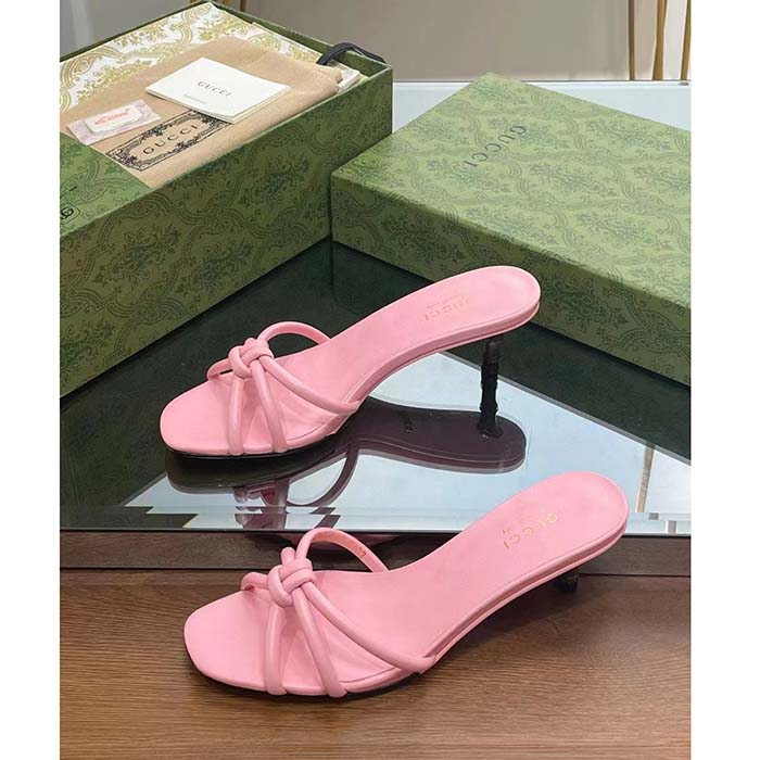 Gucci Women GG Slide Sandal Bamboo Pink Leather Bamboo Low Heel