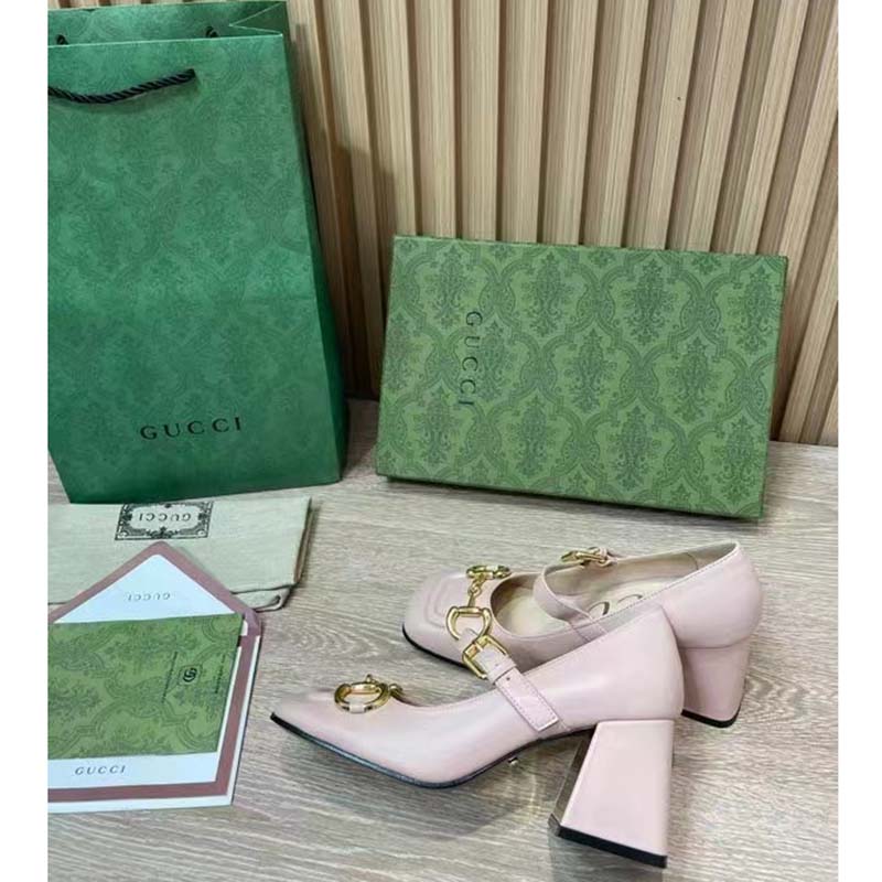 Gucci GG Women’s Mid-Heel Pump With Horsebit Light Pink Leather