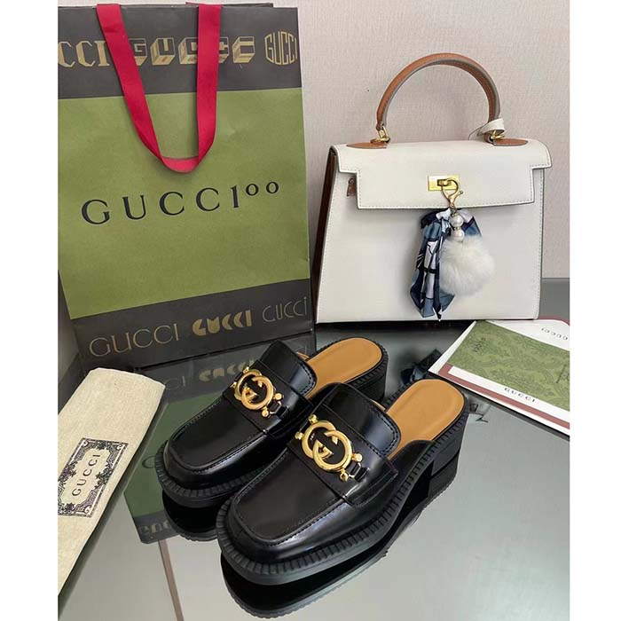 Gucci Unisex GG Slipper Interlocking G Black Leather Low 2.5 Cm Heel