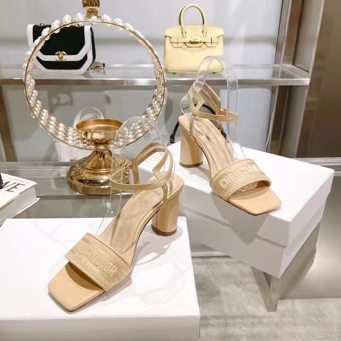 Dior Women CD Dway Heeled Sandal Nude Embroidered Satin Lambskin 10 CM Heel