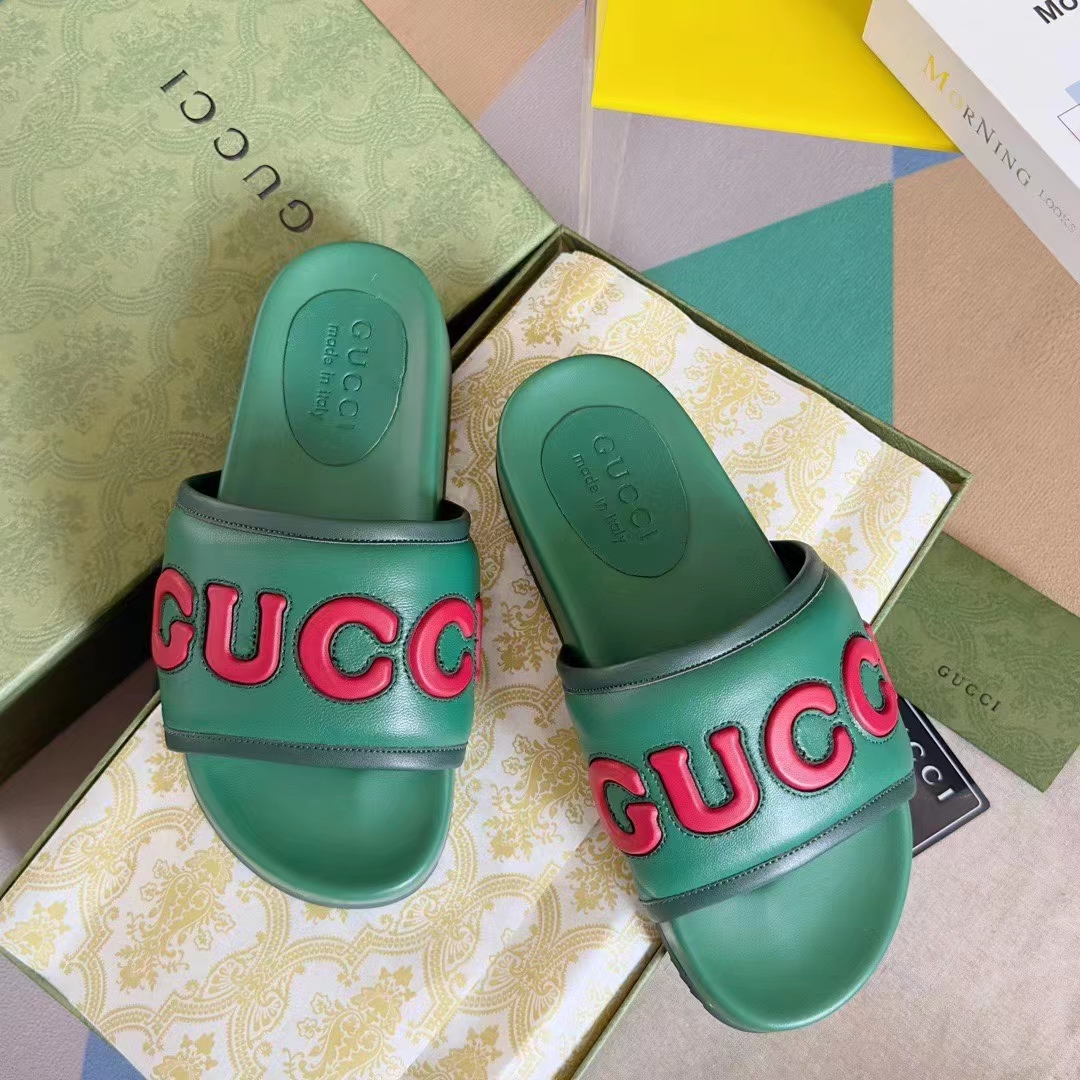 Gucci Unisex GG Slide Sandal Green Red Leather Script Rubber Flat 1 CM Heel