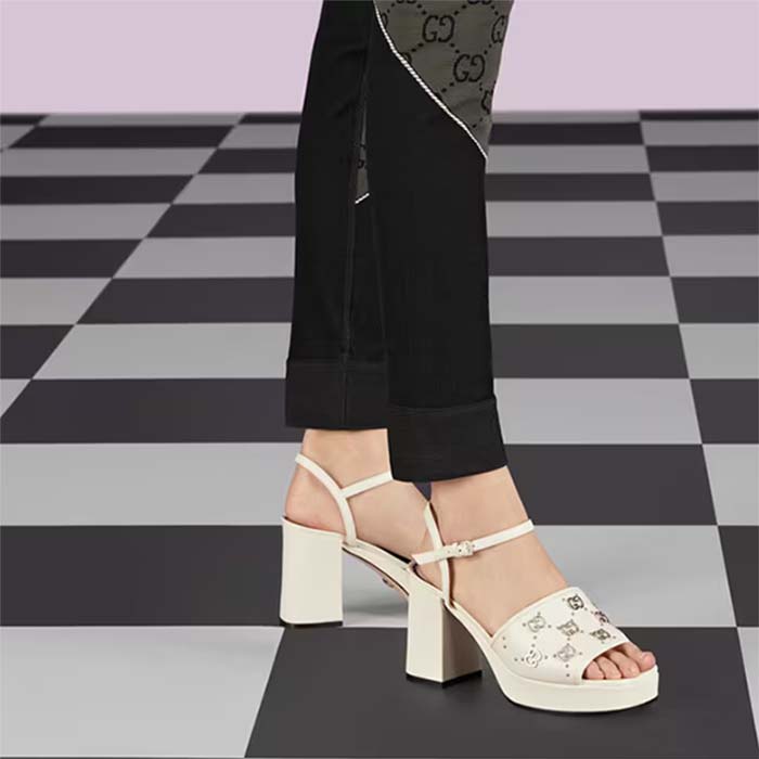 Gucci Women GG Interlocking G Studs Sandal White Leather Mid 8 Cm Heel