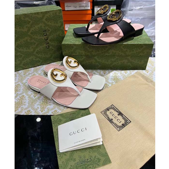 Gucci Women GG Blondie Thong Sandal White Leather Round Interlocking G 1.5 CM Heel