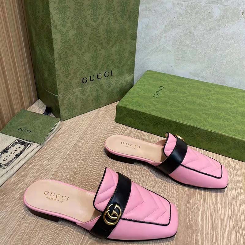 Gucci Women GG Slipper Double G Pink Leather Matelassé Chevron Insert