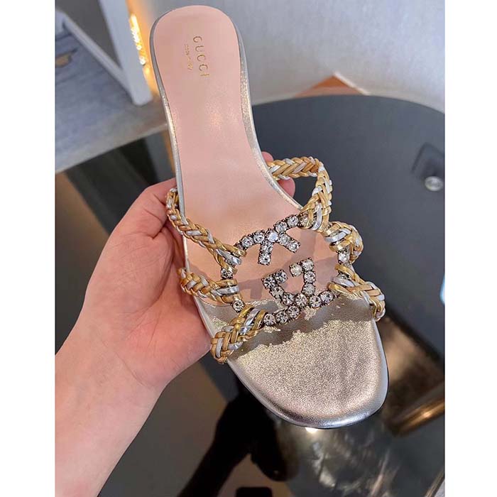 Gucci Women GG Nojum Slide Sandal Metallic Platinum Silver Braided Leather Mid-Heel