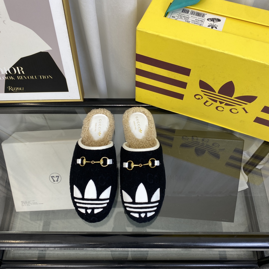 Gucci Women GG Adidas x Gucci Women’s Trefoil Slipper Black Suede Flat