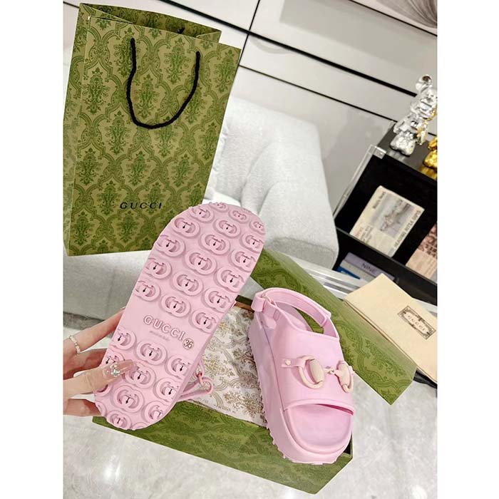 Gucci Women GG Horsebit Flatform Sandal Light Pink Rubber Plastic Horsebit