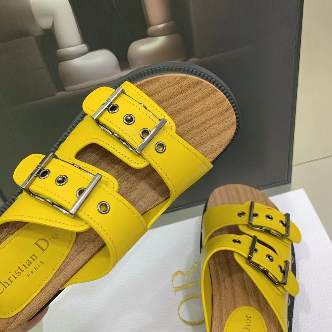 Dior Women Shoes CD Diorquake Strap Sandal Yellow Calfskin Wooden Insole