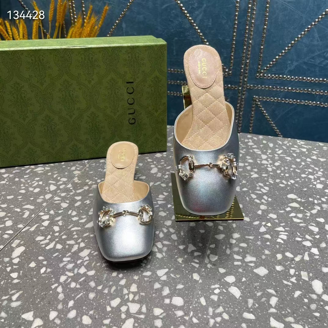 Gucci Women GG Horsebit Mule Silver Metallic Leather Crystals Leather Sole Low-Heel