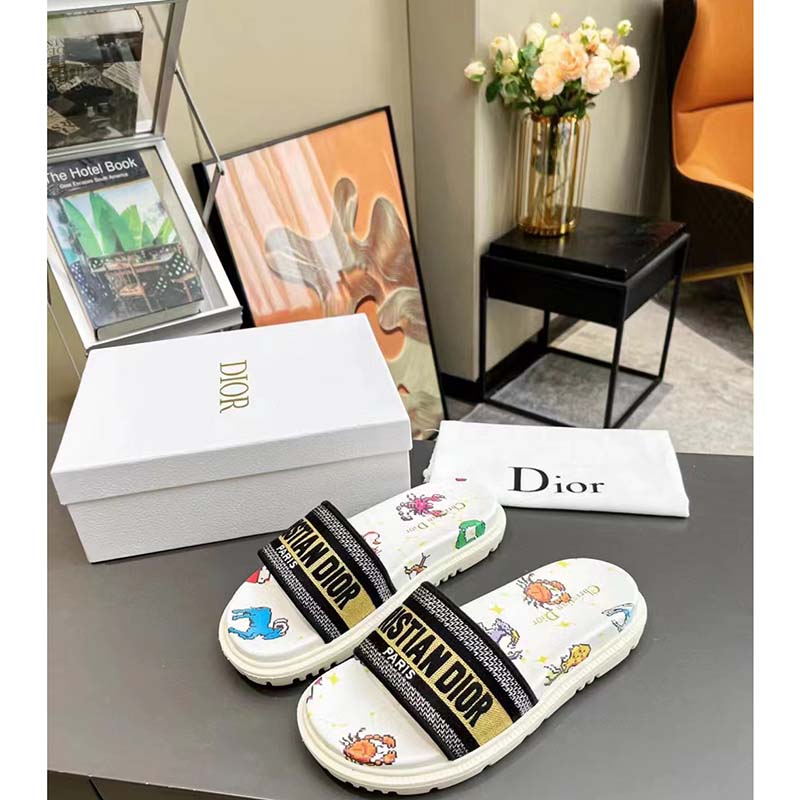 Dior Unisex Dway Slide White Multicolor Embroidered Cotton Dior Pixel Zodiac Motif
