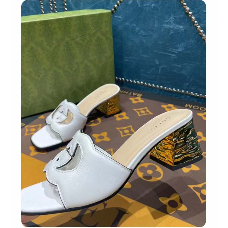 Gucci Women Interlocking G Cut-Out Sandal White Leather Mid-Heel 5 cm Heel