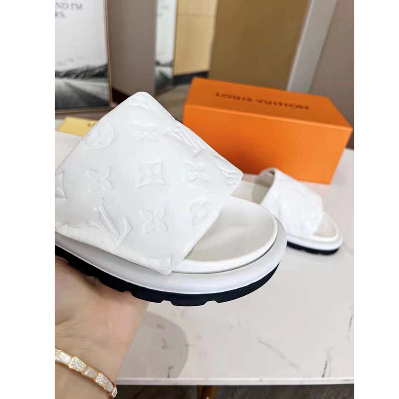 Louis Vuitton LV Unisex Pool Pillow Flat Comfort Mule White Monogram Embossed Lambskin