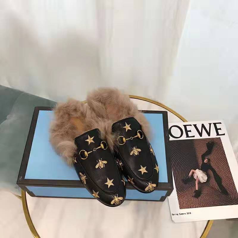 Gucci Unisex Princetown Embroidered Leather Slipper with Bees and Stars in Lamb Wool-Black