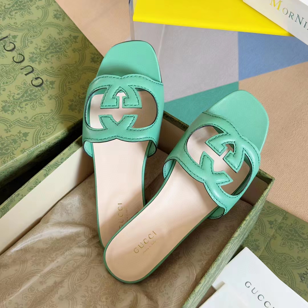 Gucci Women Interlocking G Cut Out Slide Sandal Bright Green Leather Flat