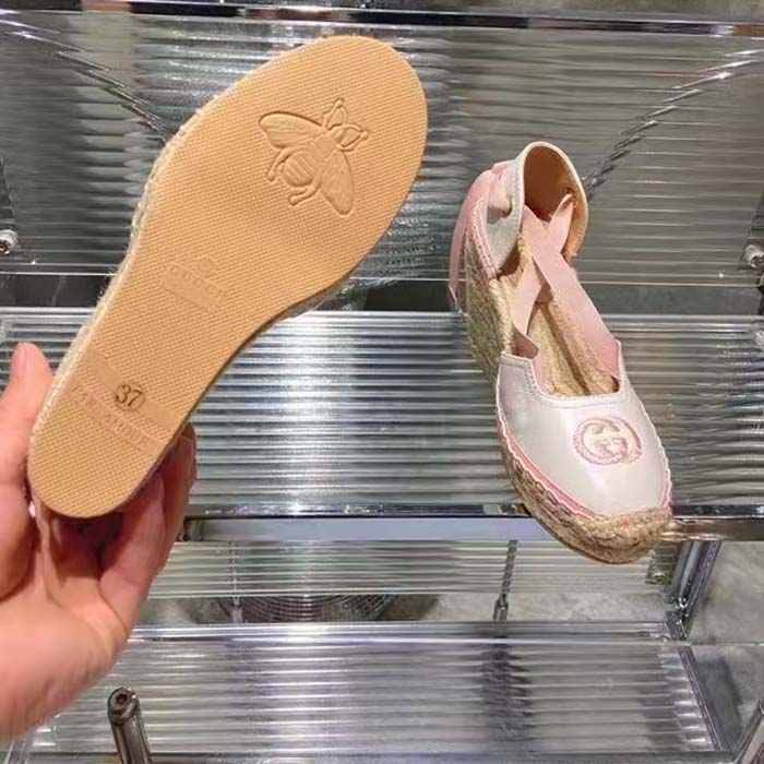 Gucci Women Espadrille Ribbon Tie Interlocking G Embroidery White Cotton Canvas Peep Toe