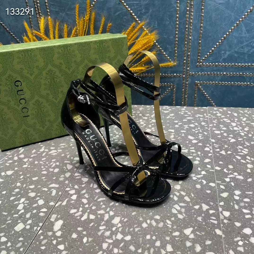 Gucci Women GG Strappy Sandal Double G Black Patent Leather Crystal High 11 CM Heel