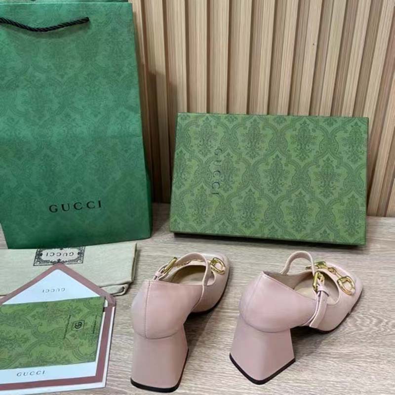 Gucci GG Women’s Mid-Heel Pump With Horsebit Light Pink Leather