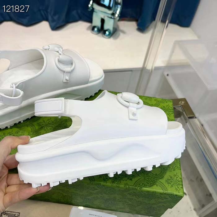 Gucci Women GG Horsebit Platform Sandal White Rubber Velcro Strap Closure