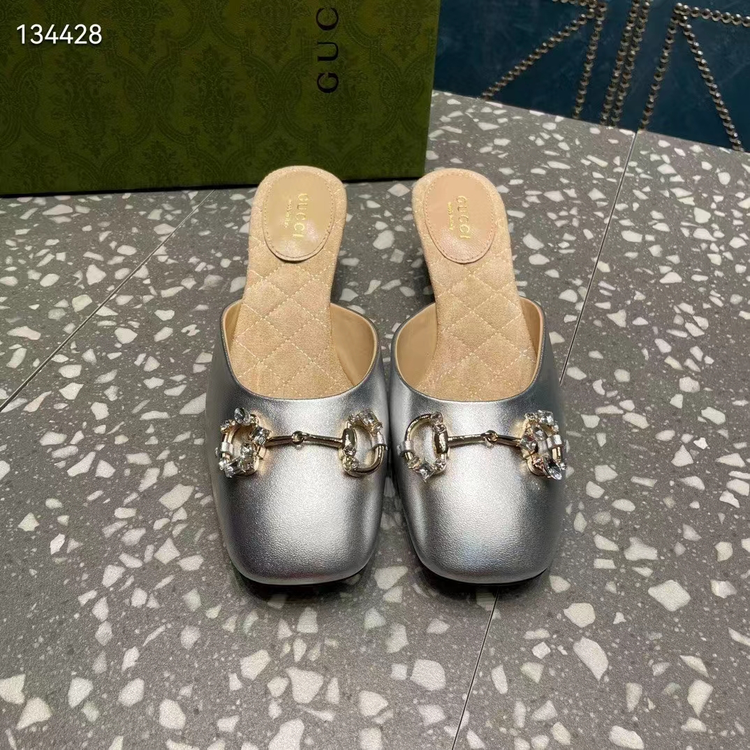 Gucci Women GG Horsebit Mule Silver Metallic Leather Crystals Leather Sole Low-Heel