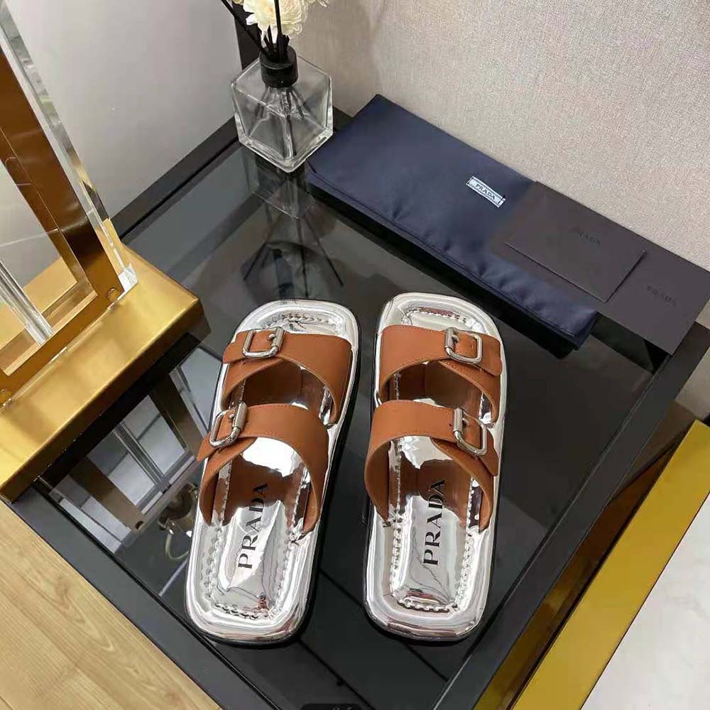 Prada Women Leather Sandals With Metal Buckle on the Upper-Brown