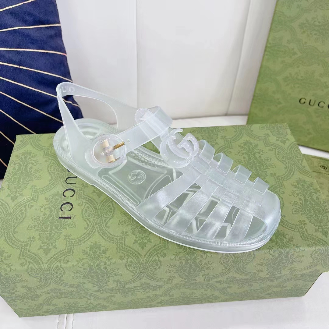 Gucci Unisex GG Sandal Double G Transparent Rubber Sole Ankle Buckle Closure Flat