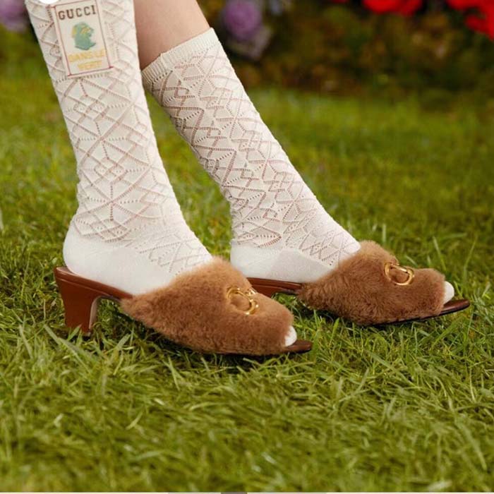 Gucci GG Women’s Mid-Heel Slide Sandal Brown Fabric Horsebit 5.6 Cm Heel